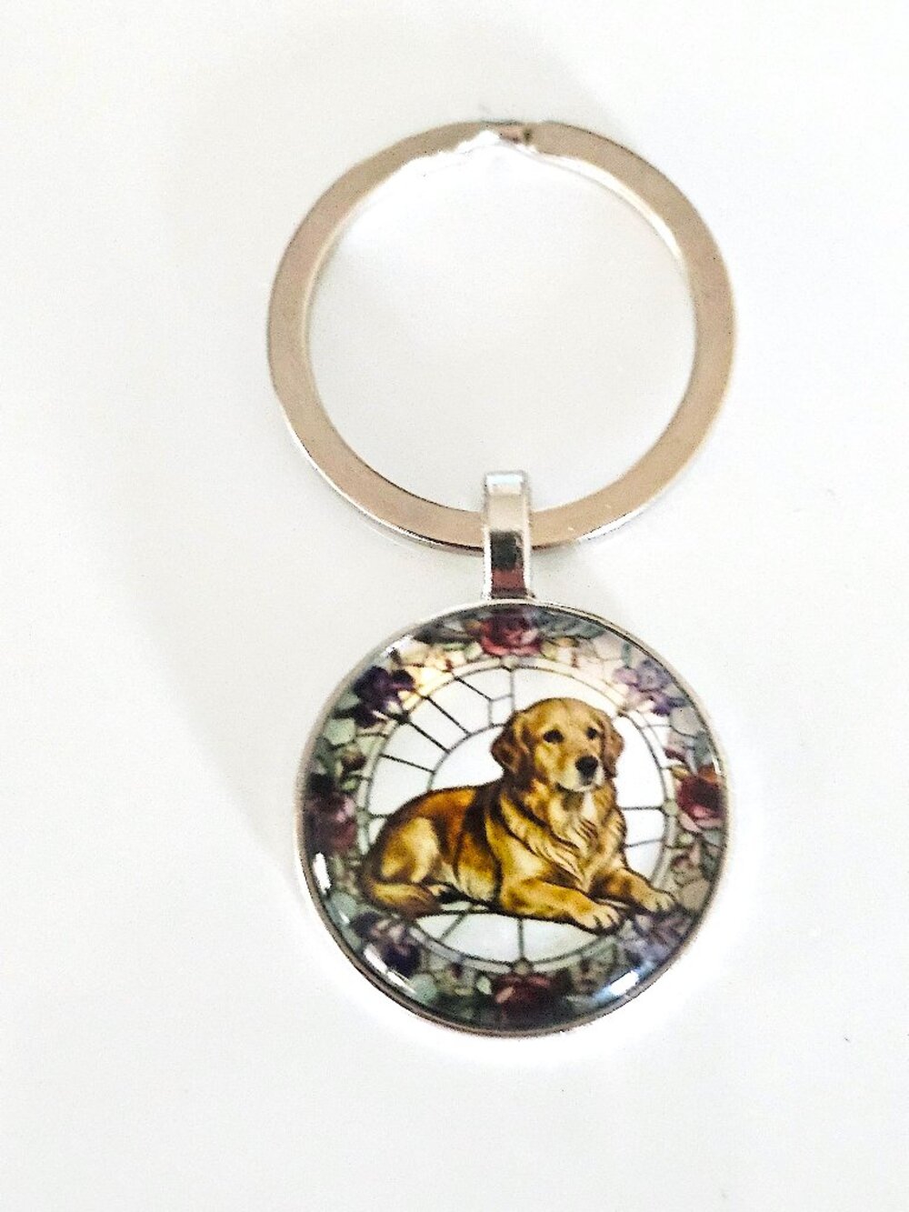 Golden Retriever Keychain Round Glass Cabochon Dog Lover Gift Silver Tone Charm
